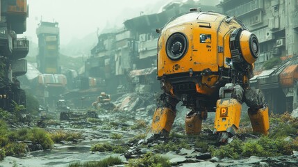 Fototapeta premium Rusty yellow robot in overgrown, ruined city.