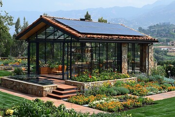 Transparent solar panels covering rooftop greenhouse blending energy efficiency with sustainable gardening