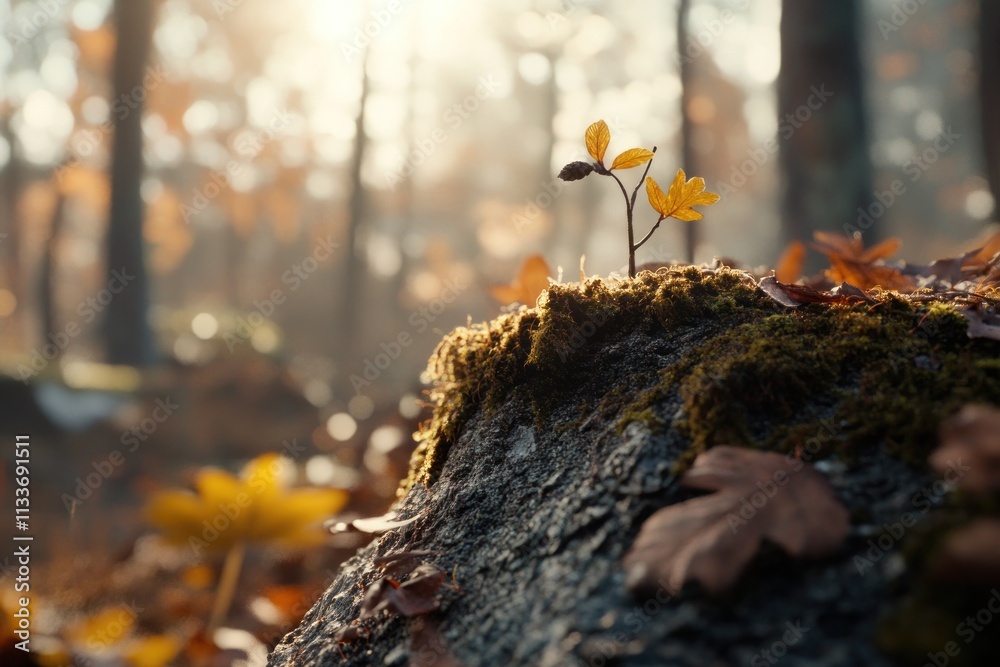 Poster small sapling with yellow leaves sprouting from mossy tree stump in autumn forest.