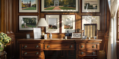 Wooden Desk in Study with Framed Photographs of Campus Buildings