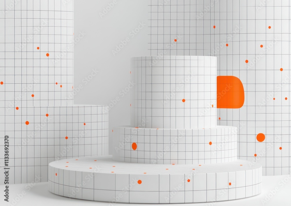 Aufkleber abstract 3d render of white geometric shapes with orange accents against a grid background.