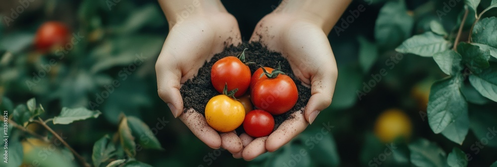 Poster hands cradle freshly picked tomatoes nestled in rich soil, showcasing a connection to gardening and 