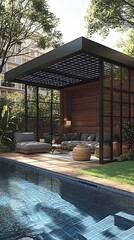 Transparent solar panels embedded the roof of a modern poolside pergola offering both shade and energy for a luxurious outdoor space