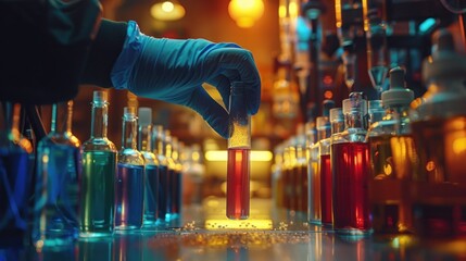 Gloved hand holds test tube with colorful liquid samples in a lab.