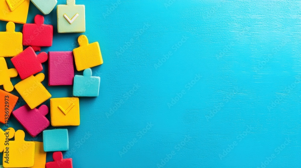 Leinwandbilder colorful puzzle pieces and icons create a vibrant display on a bright blue backdrop, illustrating th