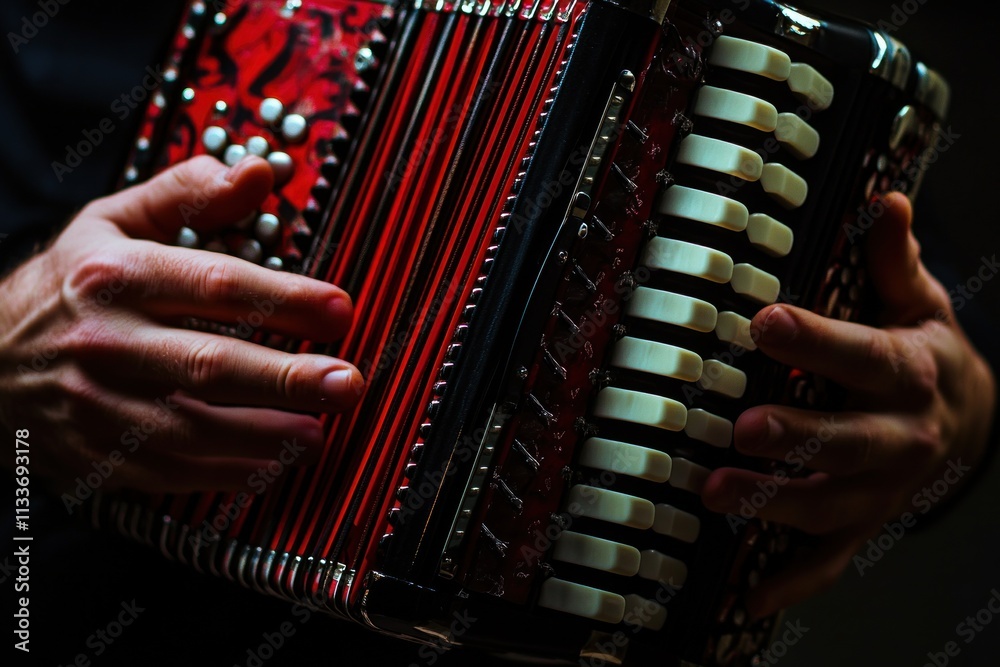 Poster close-up of hands playing a red accordion.