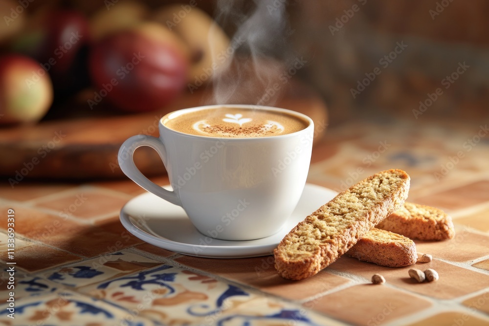 Poster Steaming cappuccino with biscotti on rustic table.