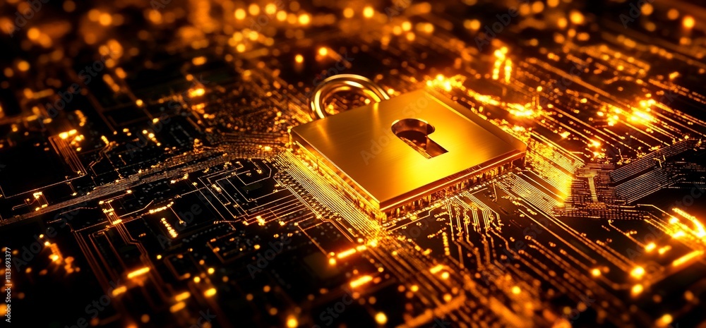 Aufkleber a digital lock symbolizing cybersecurity on a circuit board background.