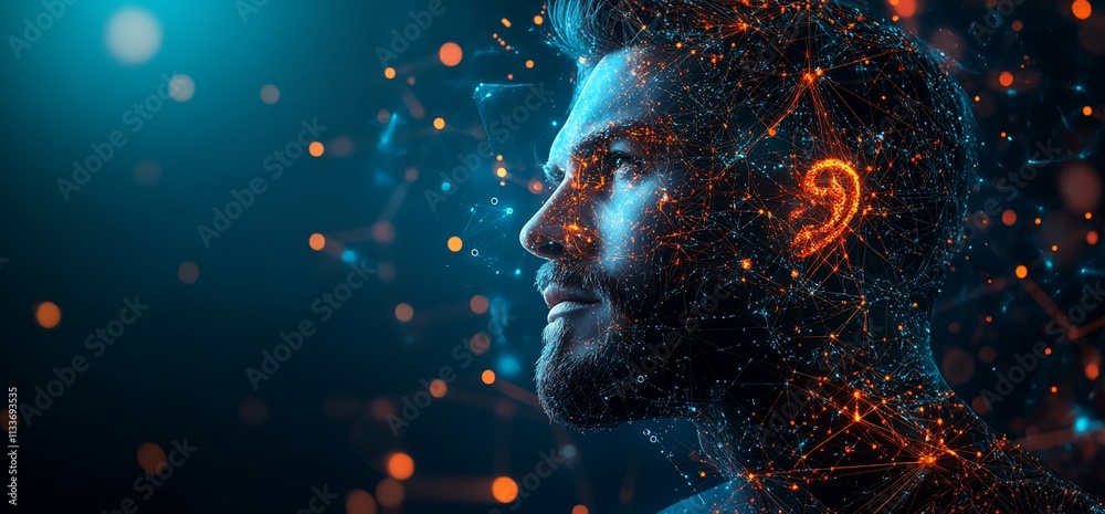 Poster a digital representation of a man's profile with a network of connections.