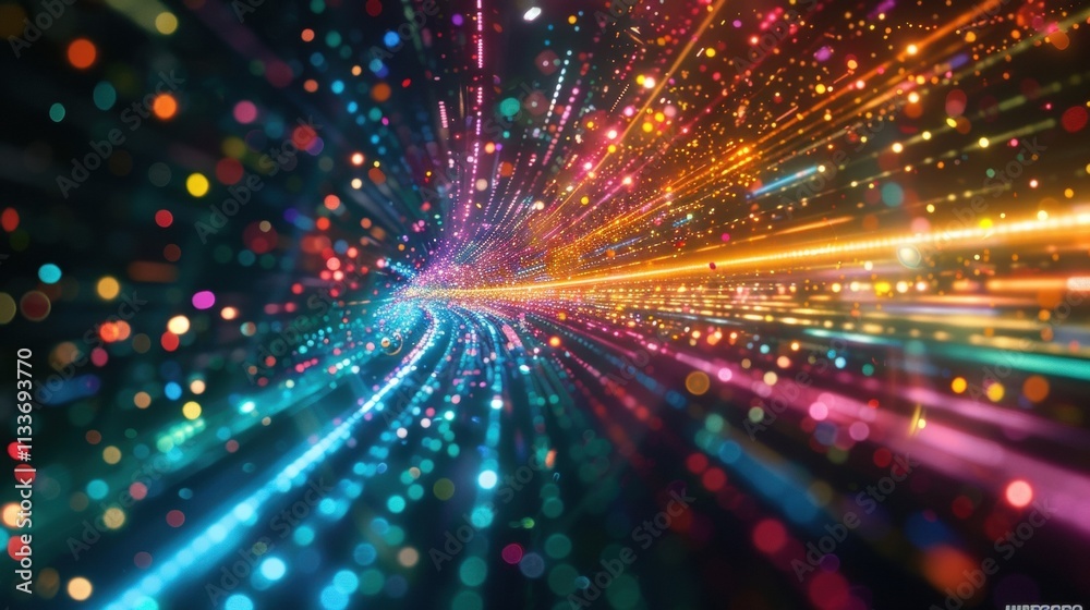 Poster big data flows through cyberspace as colorful particles and light trails, creating a futuristic and 