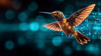 Fototapeta premium vibrant hummingbird in flight, showcasing intricate details and digital glow against blurred background. image captures essence of speed and beauty in nature