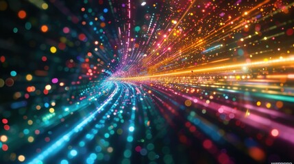 Obraz premium Big data flows through cyberspace as colorful particles and light trails, creating a futuristic and dynamic visualization of information technology and high speed data transfer