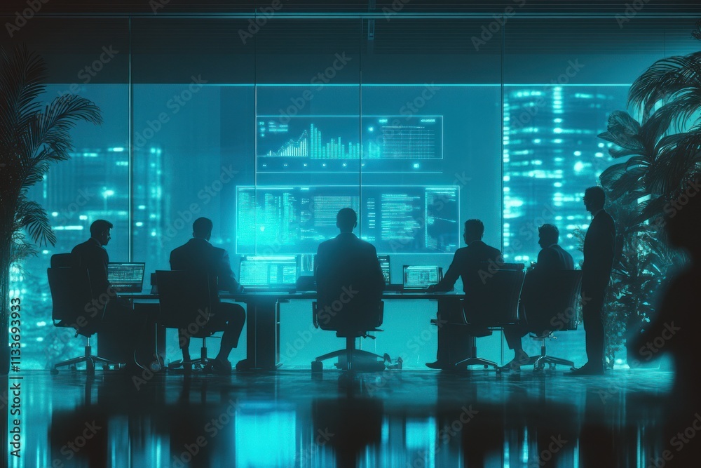 Poster silhouetted business team meeting at night in a modern office with large screens displaying data.