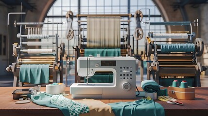 Modern sewing machines are placed side by side with other sewing tools to create a detailed and organized workspace for tailoring, sewing, and fabric making.