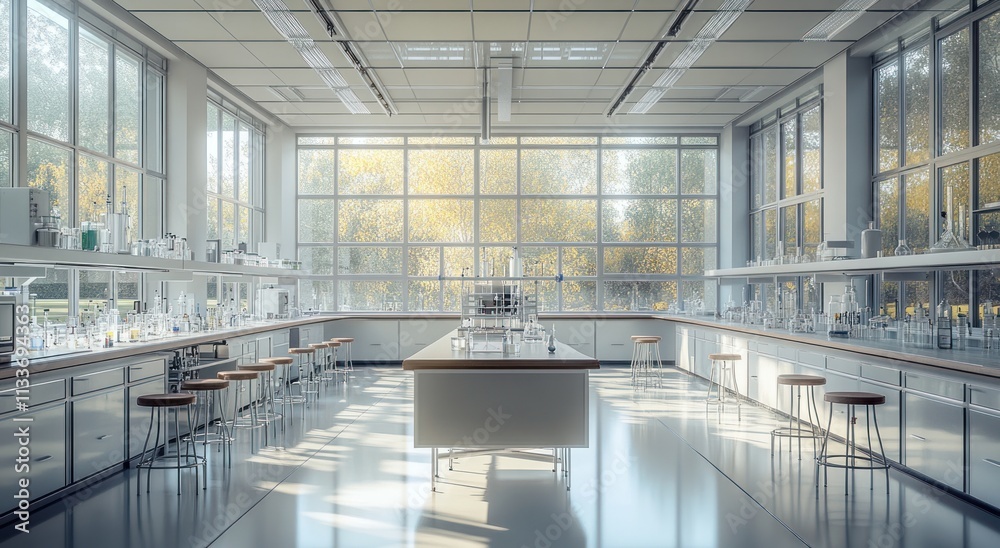 Poster sunlit modern laboratory with equipment and large windows. (1)