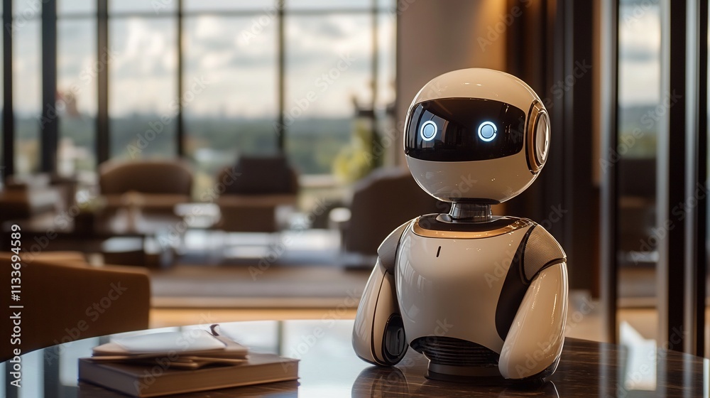 Aufkleber a friendly robot sits on a table in a modern, stylish lounge area.