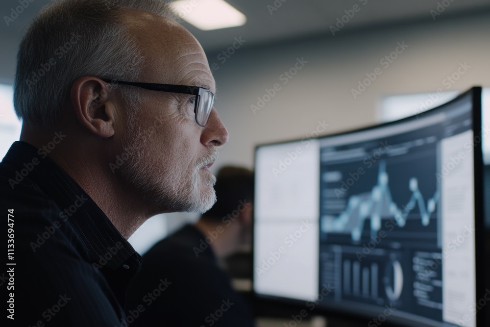 Aufkleber focused businessman analyzing data on large computer screens in modern office.
