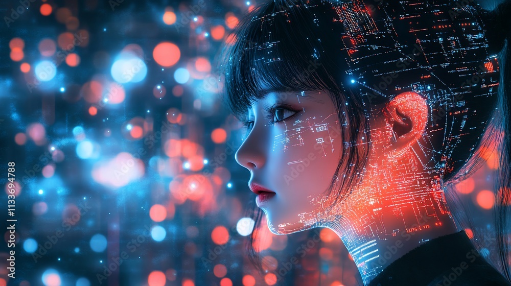Poster a futuristic portrait blending human features with digital elements.