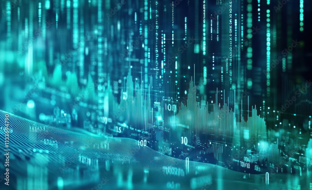 Aufkleber Abstract teal digital data visualization with lines, numbers, and graphs.