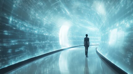 A lone figure walks down a futuristic, glowing tunnel, symbolizing innovation and progress.