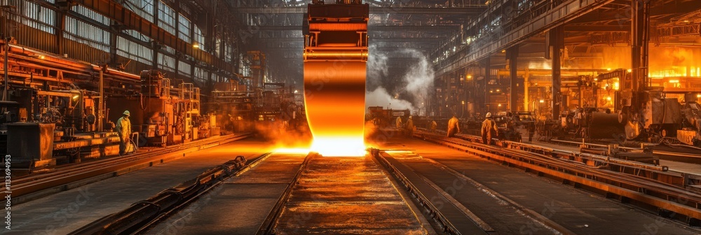 Poster Molten metal flows from a channel into casting molds, creating bright flames and sparks in a busy industrial facility. Generative AI