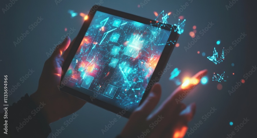 Aufkleber Hands holding tablet displaying digital data.