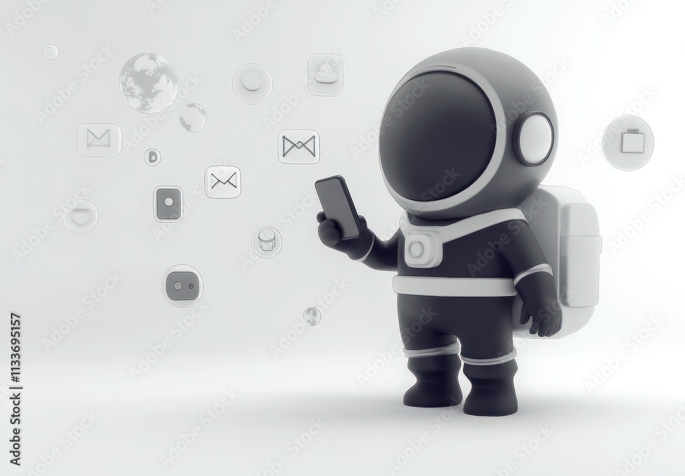 Poster Astronaut using smartphone with app icons.