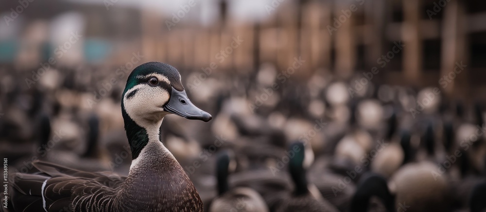 Poster Close-up of a duck among many others in a blurred background.
