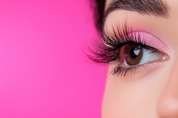 close up of woman eye showcasing long eyelashes and pink eyeshadow against vibrant pink background, highlighting beauty and elegance