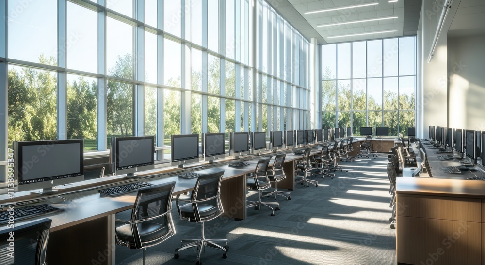 Leinwandbilder Sunlit modern computer lab with many desktops and large windows overlooking a green landscape.
