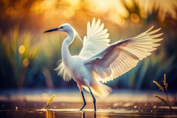 Naklejka premium Classic vintage photo: a little egret's wings spread wide, showcasing timeless wildlife beauty.