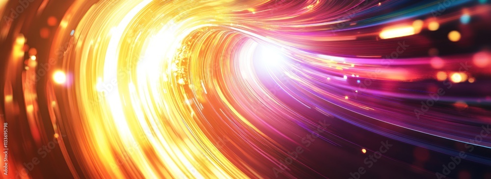 Poster abstract swirling light tunnel with vibrant colors and bright bokeh.