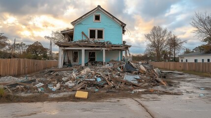 Destroyed light blue house after hurricane. Debris pile up against house. Neighborhood damaged. Landscapes ruined. Natural disaster aftermath. Residential area damaged. Community affected. Hurricane