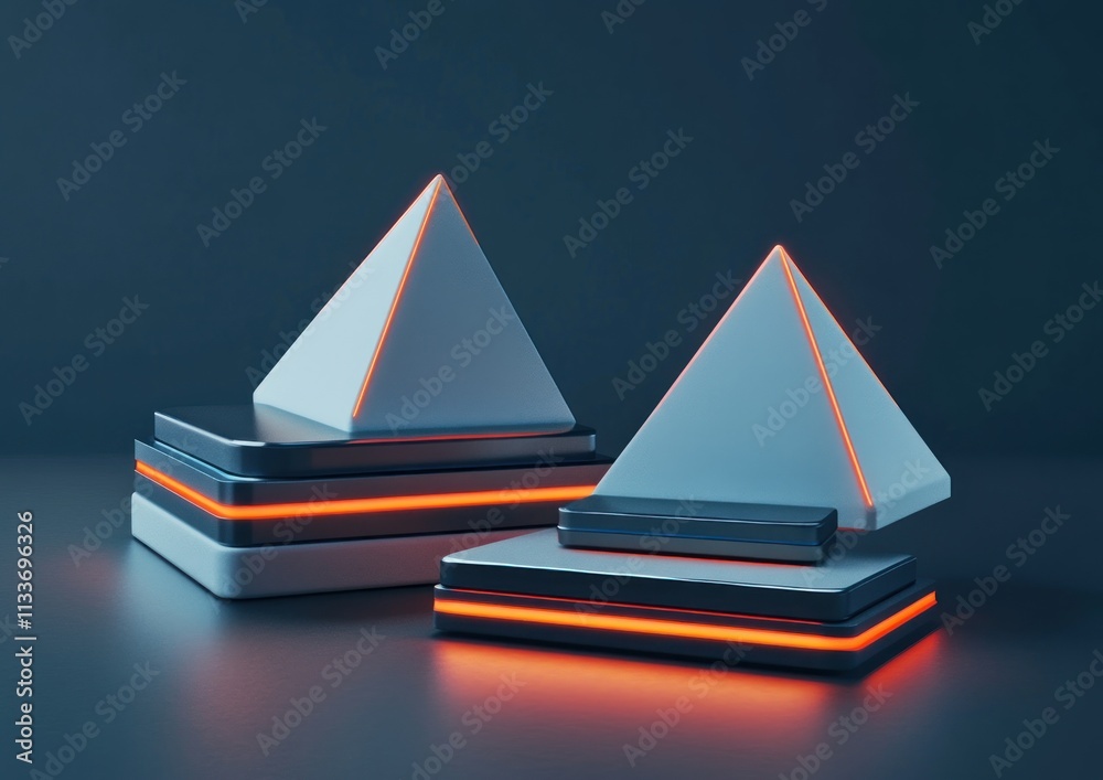 Aufkleber two white pyramids on layered platforms with neon orange lights against a dark background.