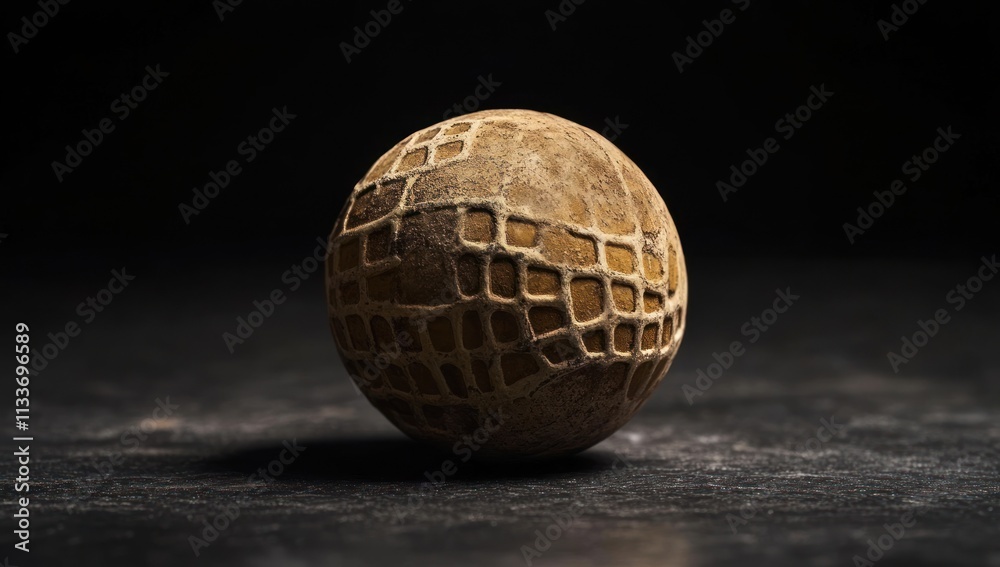 Aufkleber close-up of a weathered, textured sphere on a dark surface.