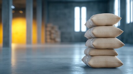 Stacked burlap sacks in spacious storage area with concrete walls and soft lighting create sense of organization and readiness