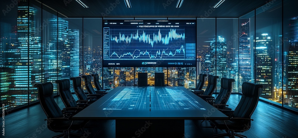 Poster a modern conference room with a large screen displaying financial data.