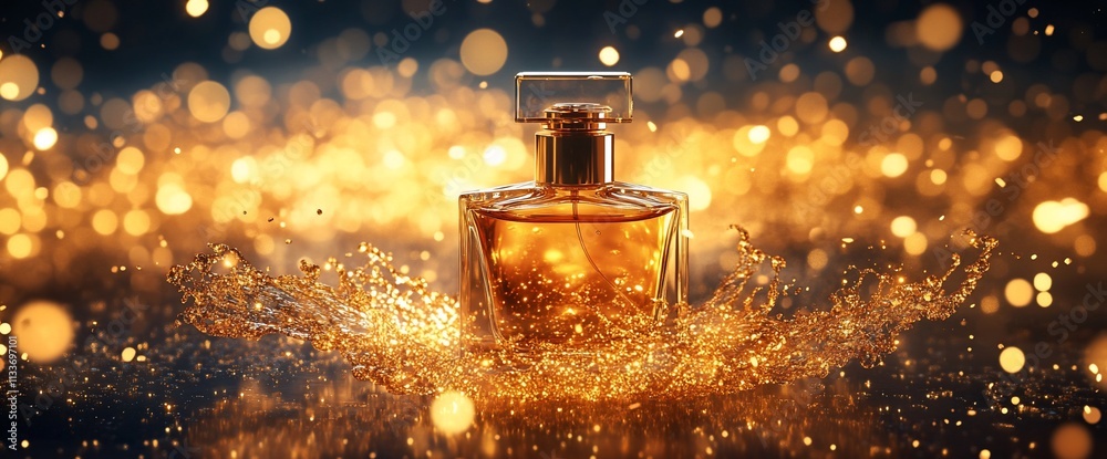 Poster A sparkling perfume bottle surrounded by golden splashes and bokeh effects.