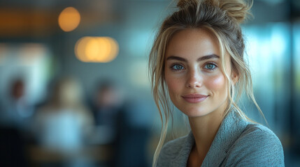 Obraz premium Beautiful Young Woman Portrait Casual Fashion Blonde Hair Topknot