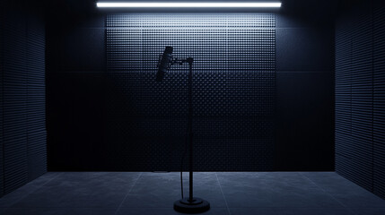 Dark Studio Room with Microphone and Acoustic Panels