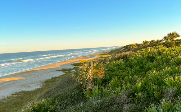 Golden sunlight bathes a lush, green dune overlooking a tranquil beach with gentle waves stretching endlessly under a vast, clear blue sky. A serene coastal escape.