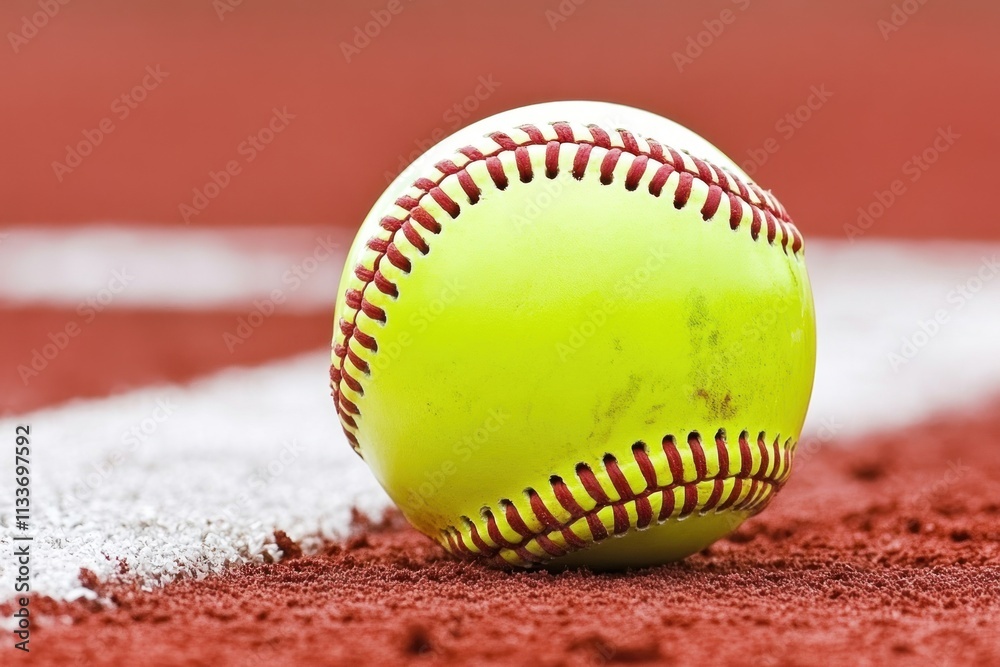 Poster close-up of a used softball resting on the infield dirt near the first base line.