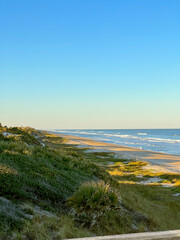 A serene coastal view showcasing a lush green shoreline, golden sand, and gentle ocean waves under a clear blue sky.