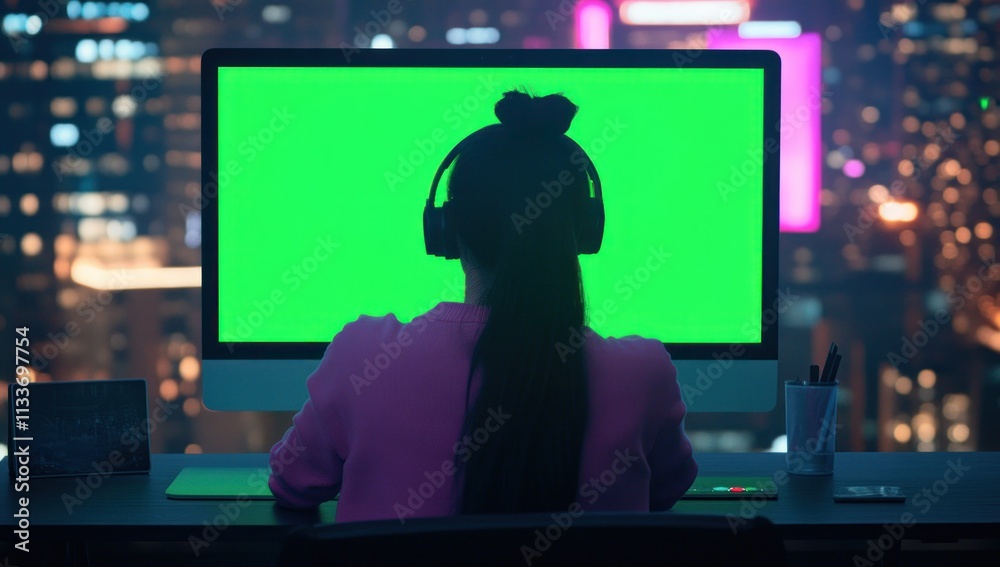 Poster woman with headphones using a computer with a green screen at night.