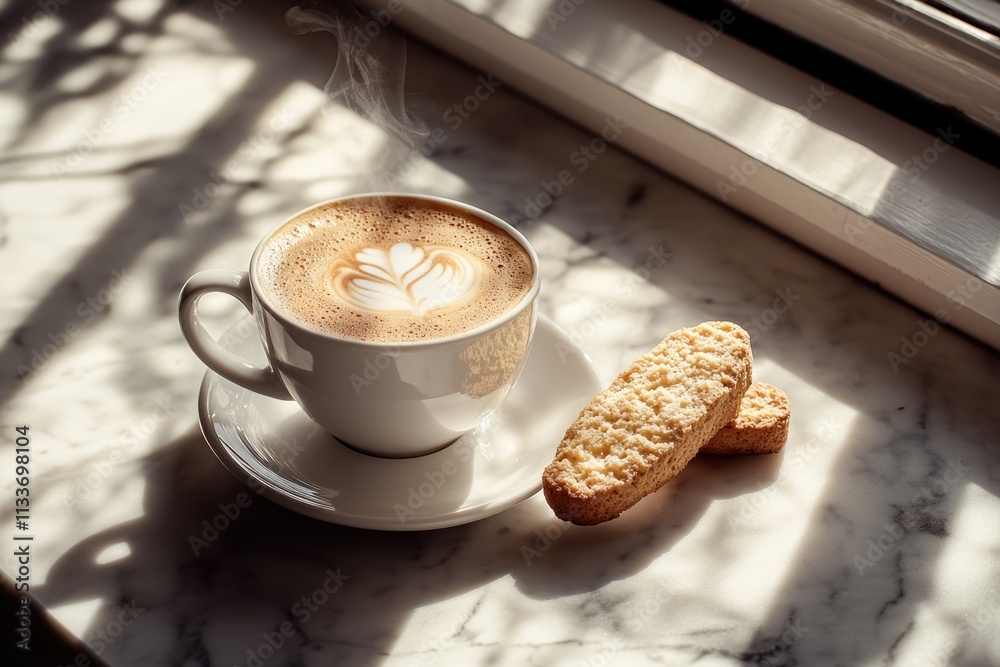 Poster steaming cappuccino with latte art and biscotti on marble surface in sunlight.