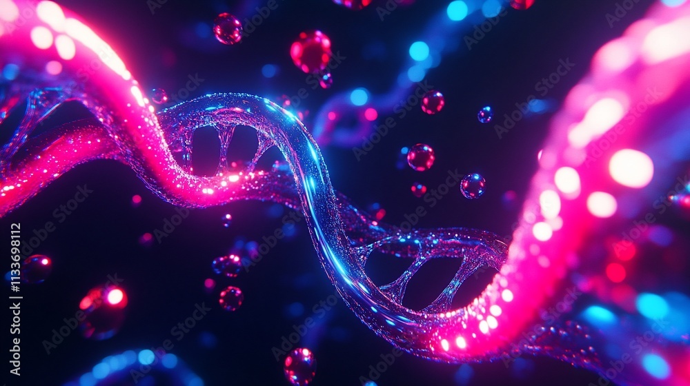 Poster a vibrant, abstract representation of dna strands in a colorful digital environment.