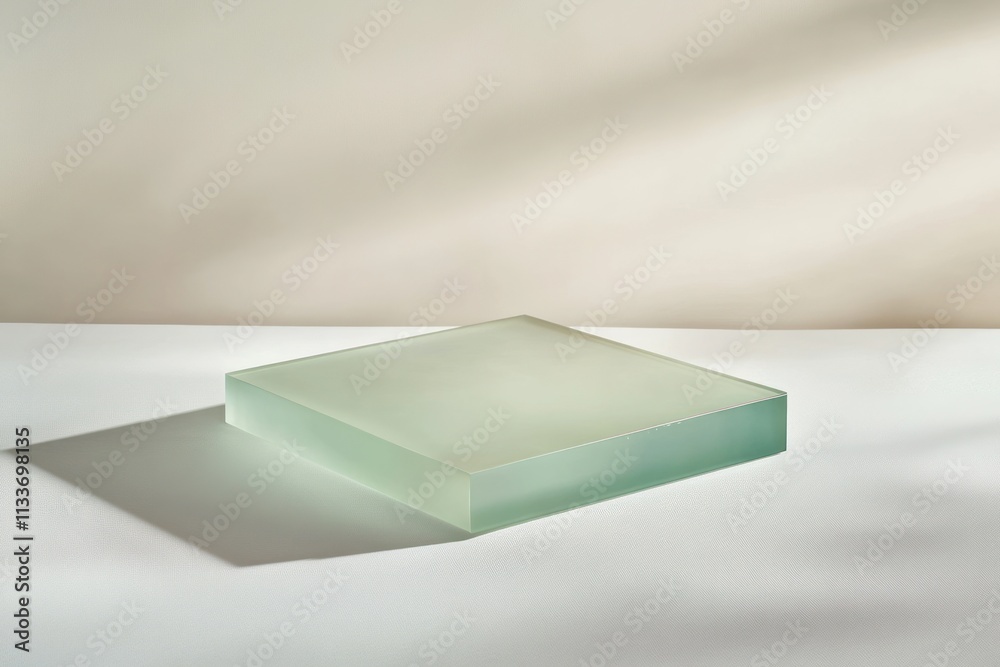 Poster Frosted glass square block on white surface with soft light and shadow.
