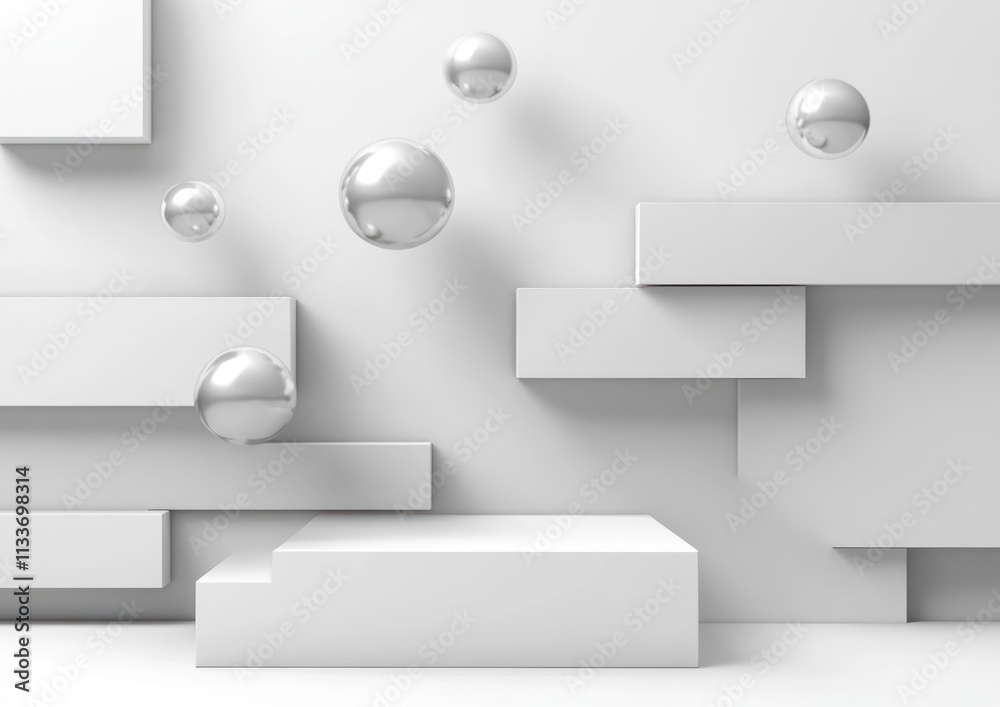 Poster Abstract white geometric background with floating spheres.