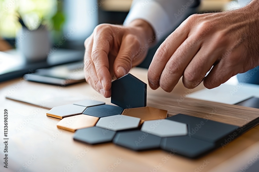 Aufkleber Close-up of hands arranging hexagonal shapes on a desk.