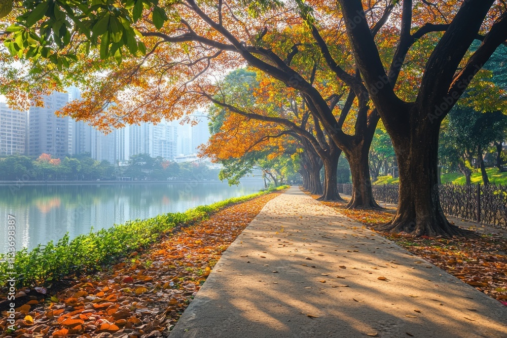 Poster autumnal path alongside a calm lake, lined with colorful trees and city skyline in the background.